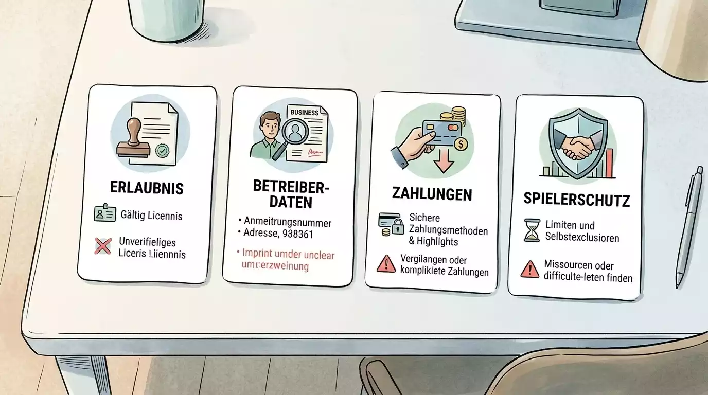 Übersichtliche Warnsignal-Karten zu Werbung, Betreiberangaben und Spielerschutz