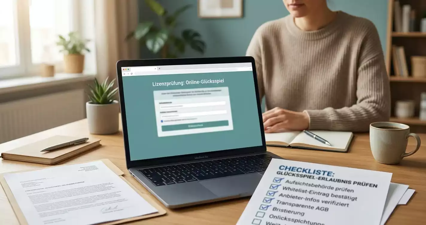 Ruhige Schreibtischszene mit Checkliste zur amtlichen Prüfung von Online-Glücksspiel